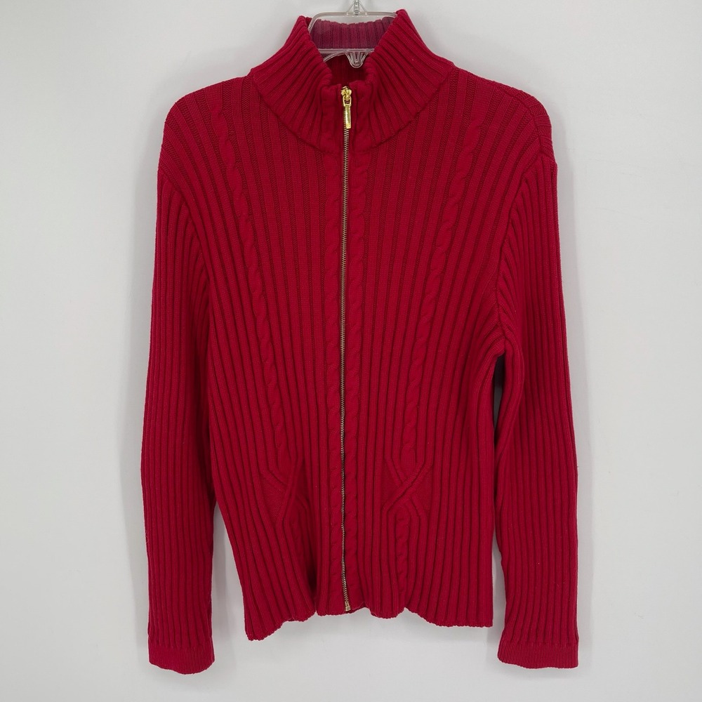 Chaps Women's Red Cable Knit Mocke Neck Full Zip Preppy Cardigan Sweater Size XL